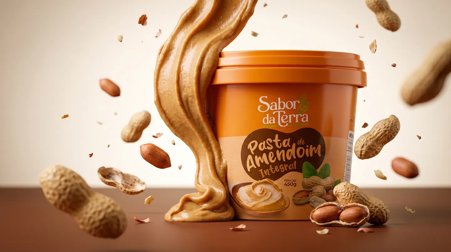 Pote de Pasta de Amendoim Sabor da Terra com pasta cremosa escorrendo e amendoins flutuando