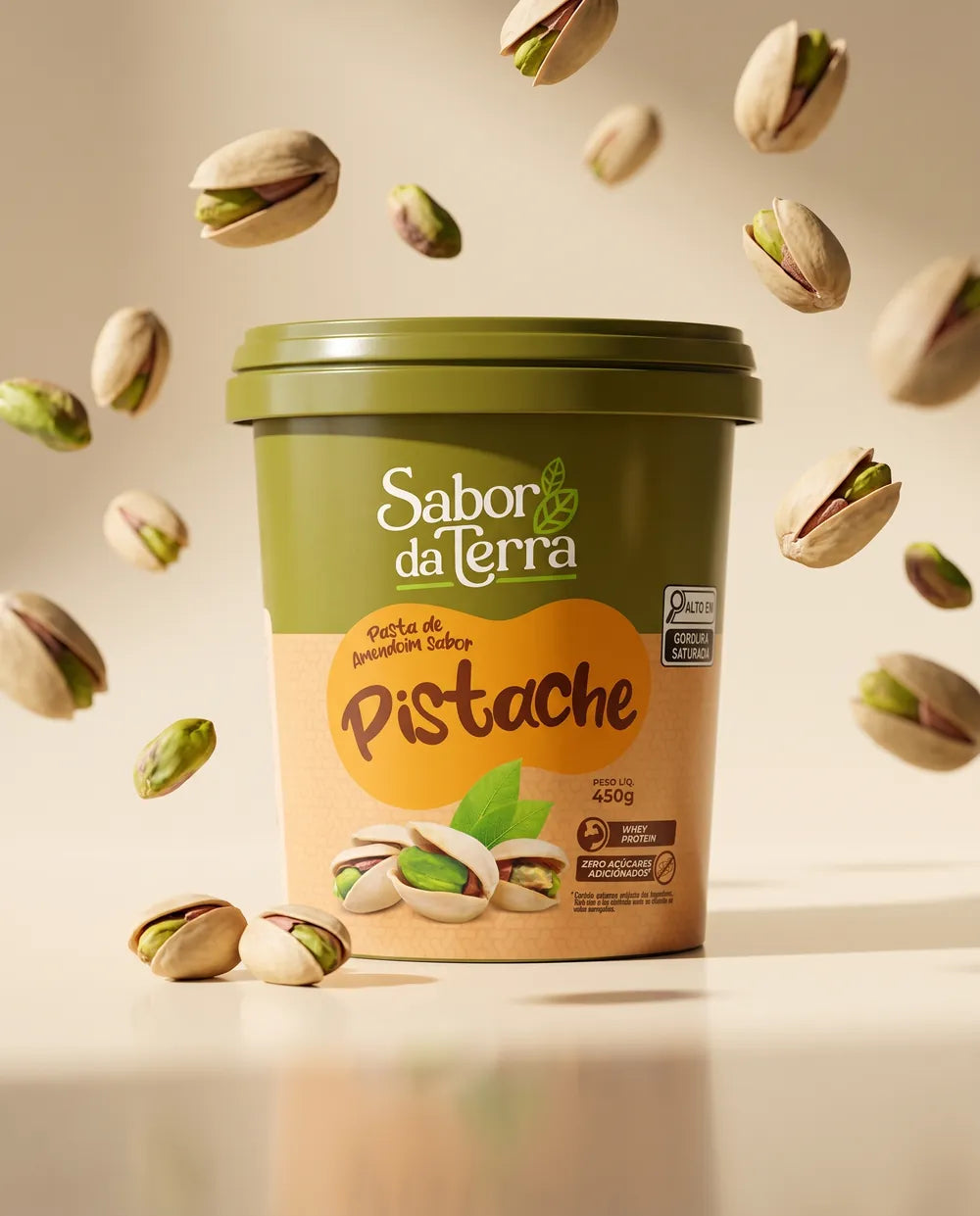 Pasta de Amendoim Pistache com Whey Sabor da Terra 450g com pistaches flutuando