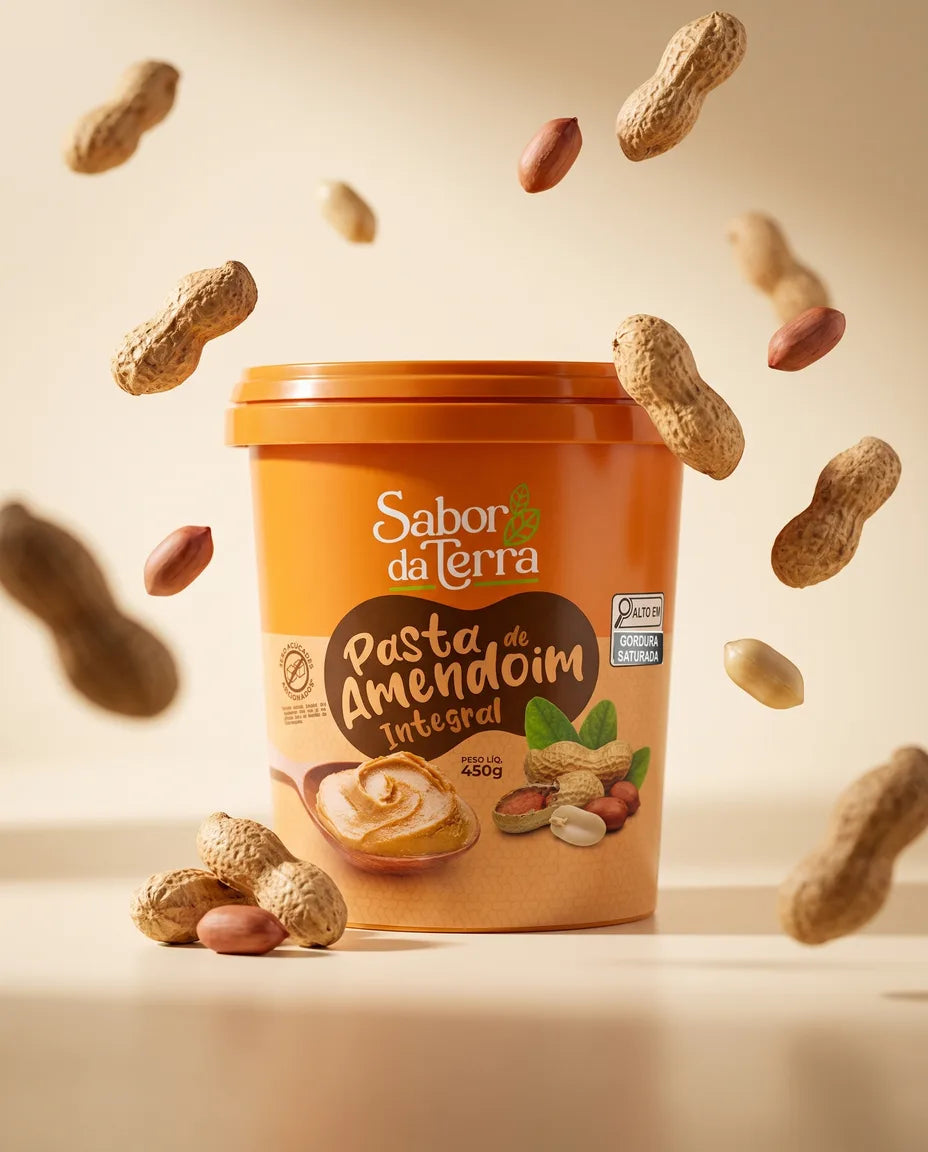 Pote de Pasta de Amendoim Integral Sabor da Terra 450g com amendoins caindo ao redor
