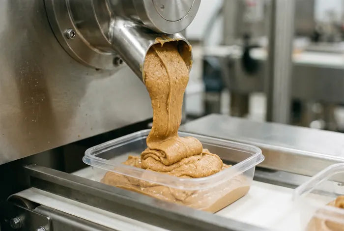 Pasta de amendoim sendo produzida na fábrica